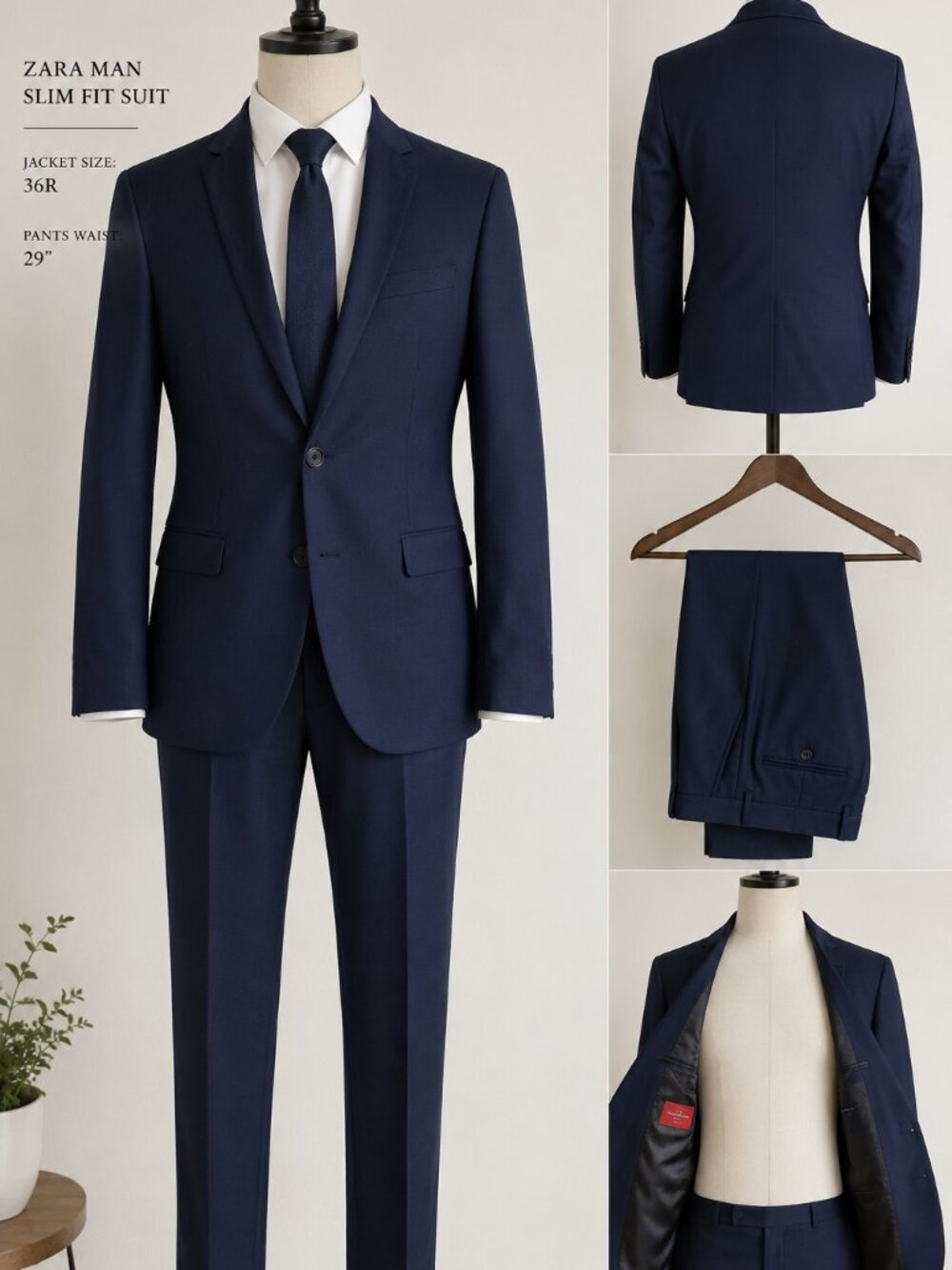 Zara Men’s Slim Fit Navy Suit – 36R Jacket / 29 Waist – Modern Tailored Fit